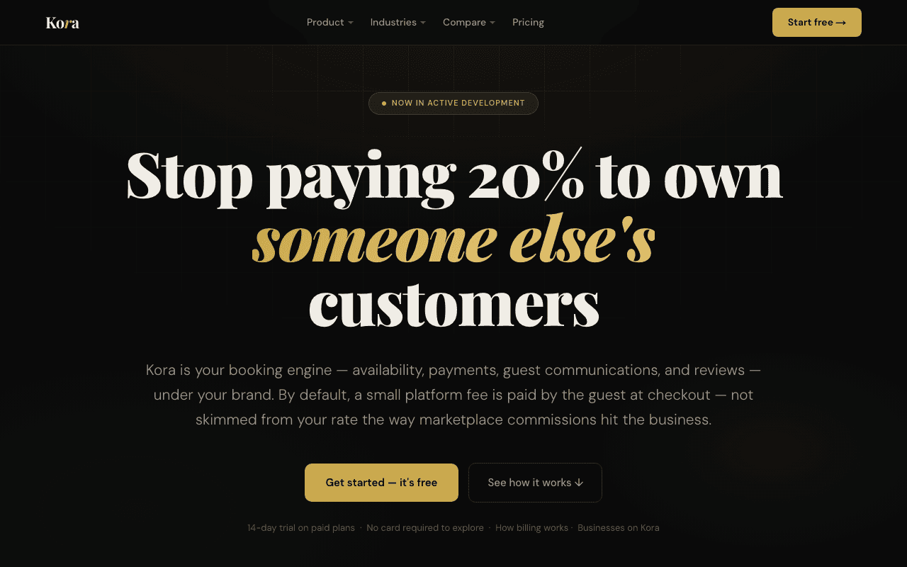 Kora direct booking engine landing page