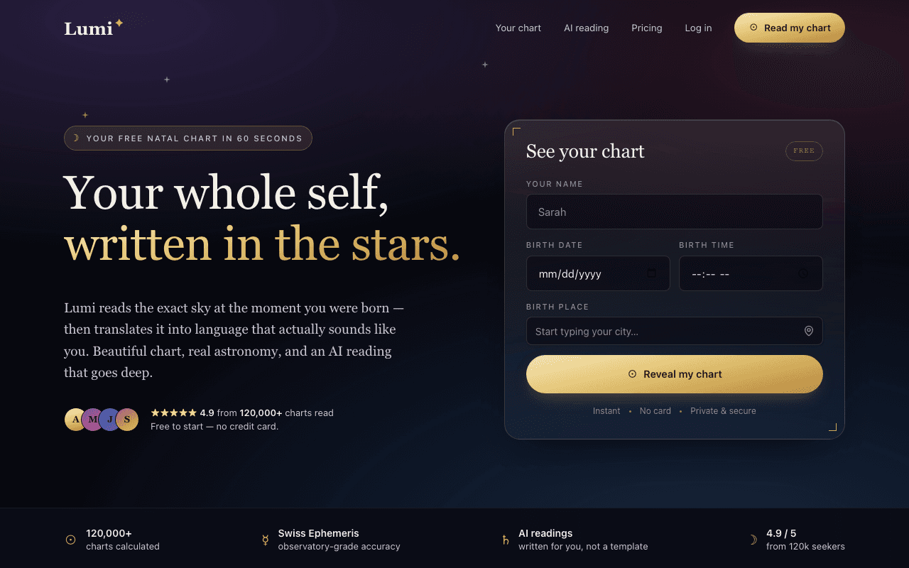 Lumi home page showing a natal chart and AI reading
