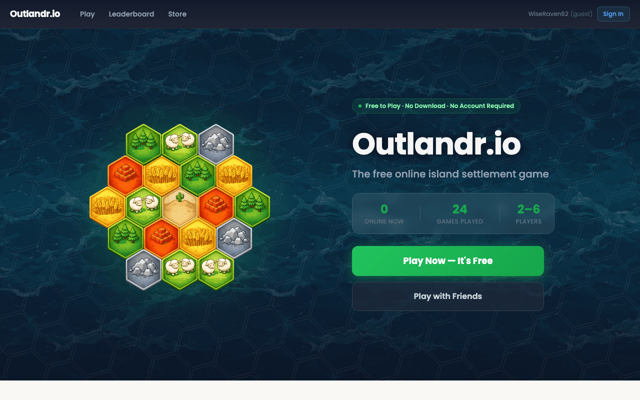 Outlandr.io landing page showing the island settlement game