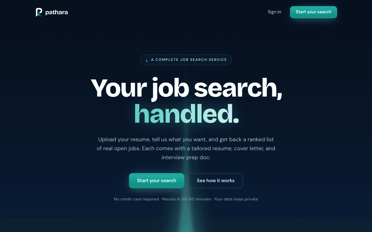 Pathara landing page with the headline "Your job search, handled"