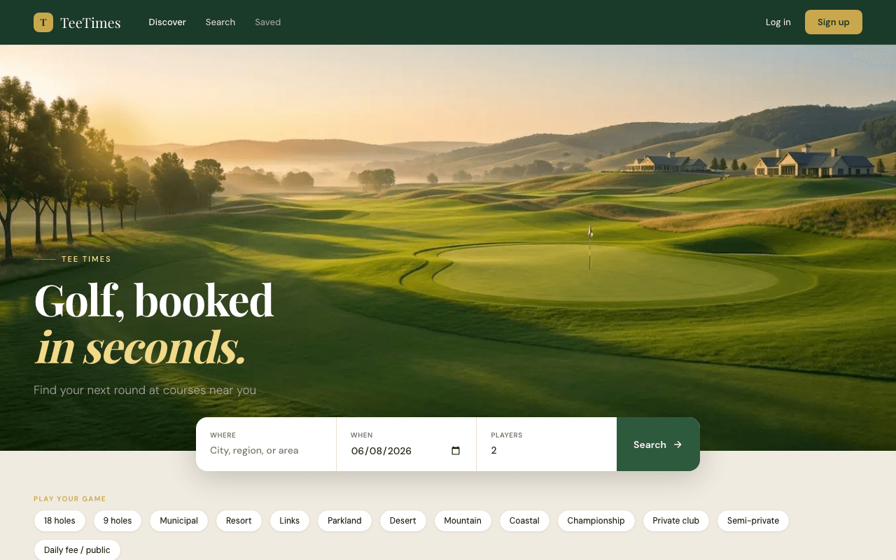 TeeTimes course search and booking page