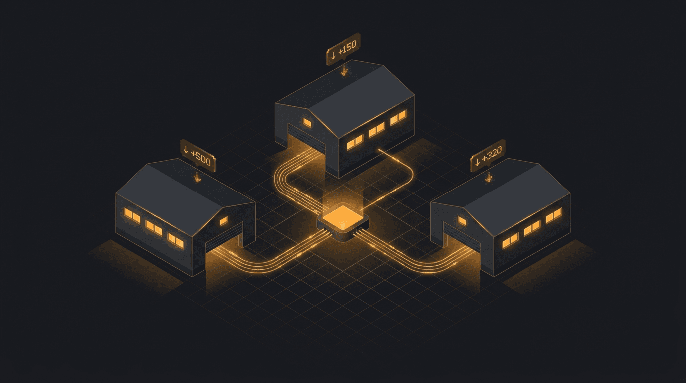 Illustration of three warehouses syncing stock through a central node